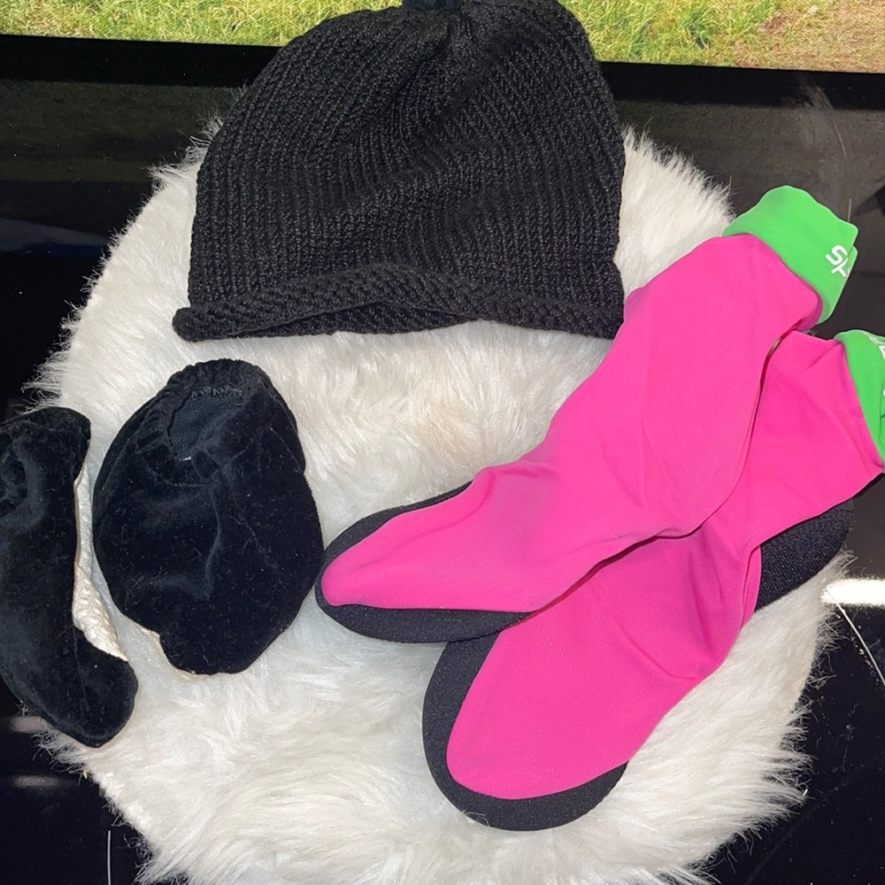 Cotton Black baby hat, first Speedo booties, and black velvet booties